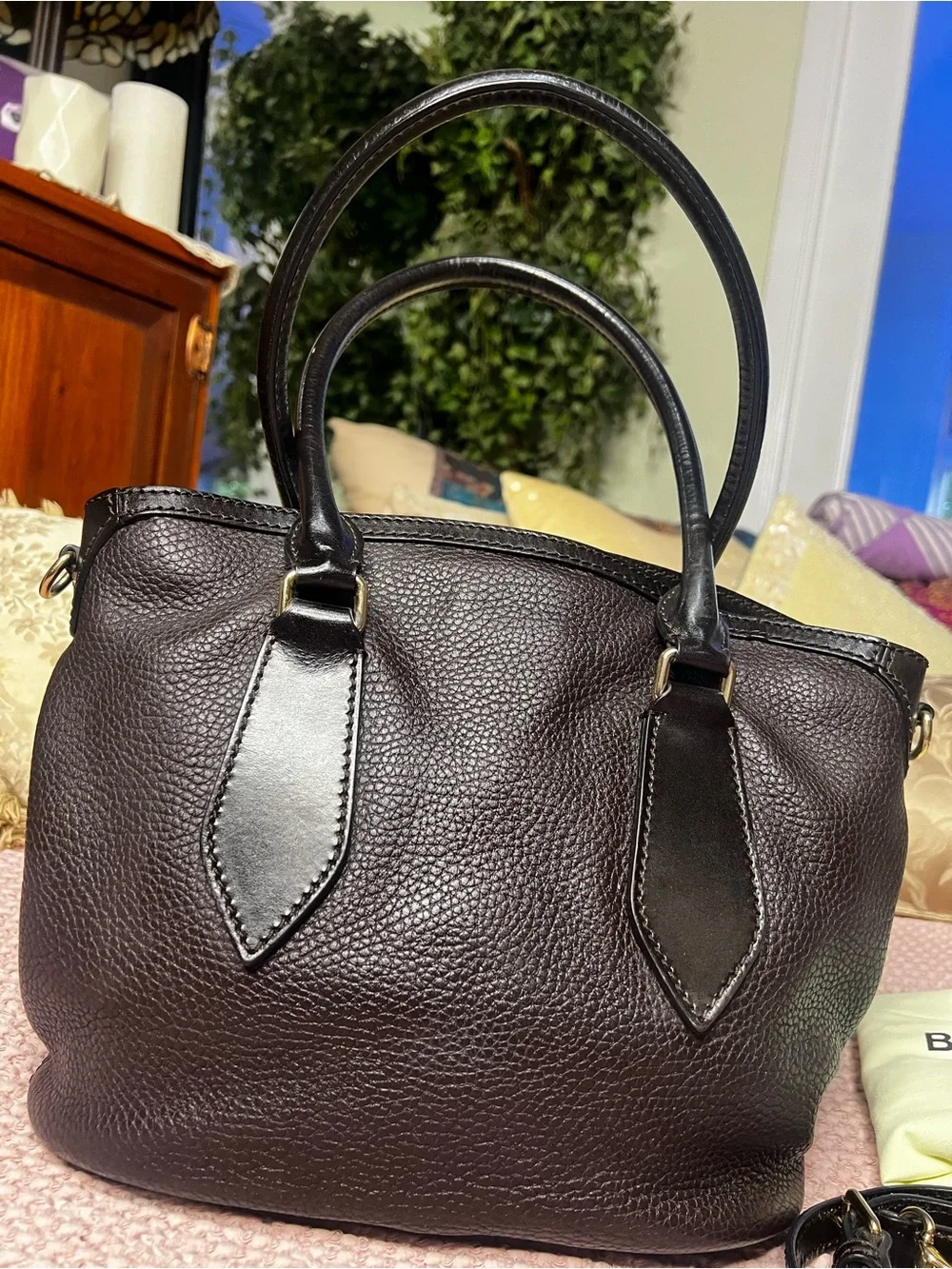 Burberry Brown Pebbled Leather Black Trim Satchel Crossbody Bag COA